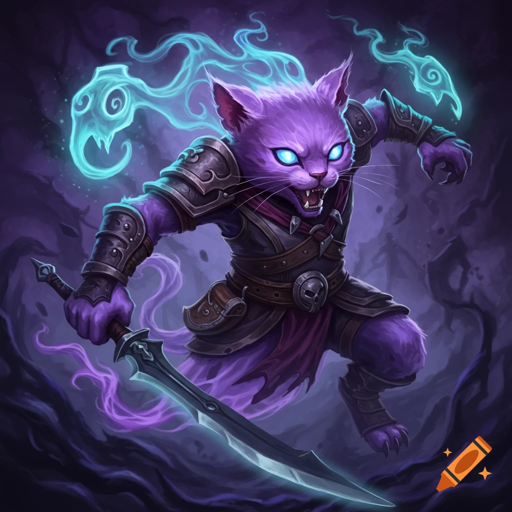 Purple spectral cat warrior in armor with glowing eyes and sword, ready for battle.