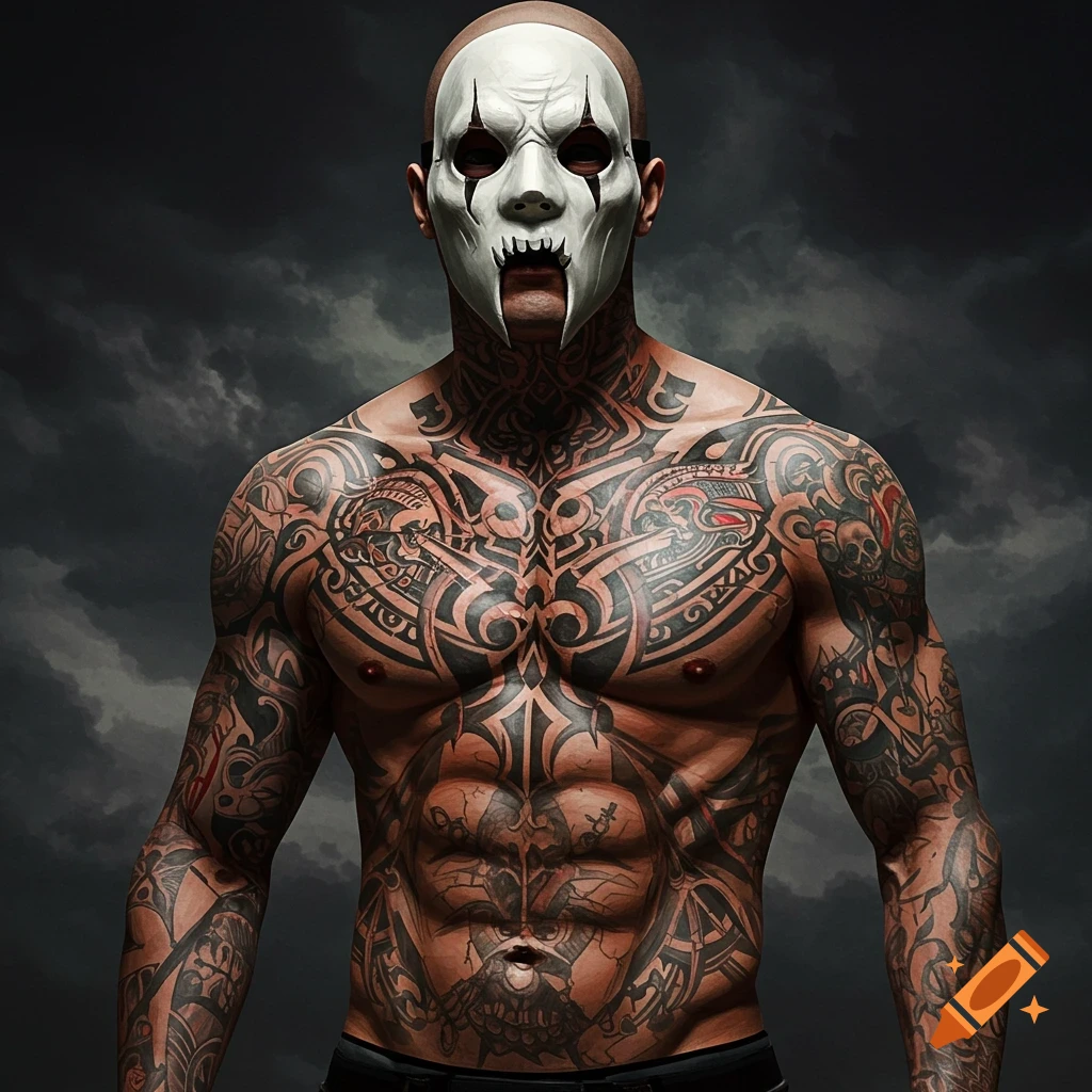 A bald man with intricate tattoos covering his chest and arms wears a creepy white mask against a dark background.