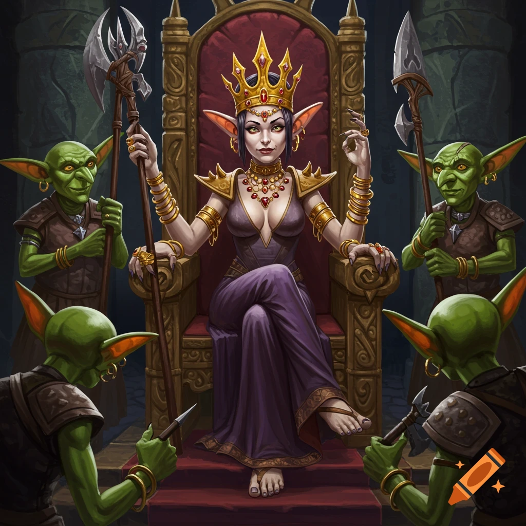 Dark fantasy illustration of a goblin queen on a throne, surrounded by goblin guards.
