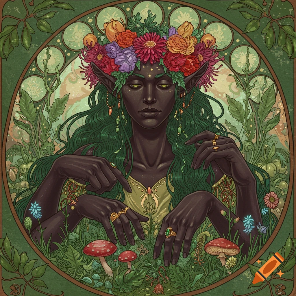 A dark-skinned fantasy woman with green hair and flower crown in a garden with mushrooms