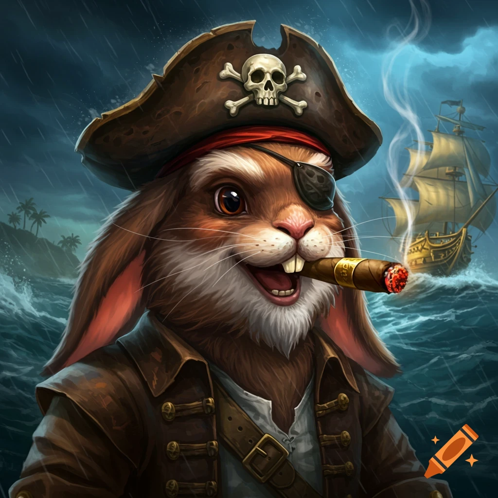 A pirate rabbit smoking a cigar on a stormy sea with a ship in the background.