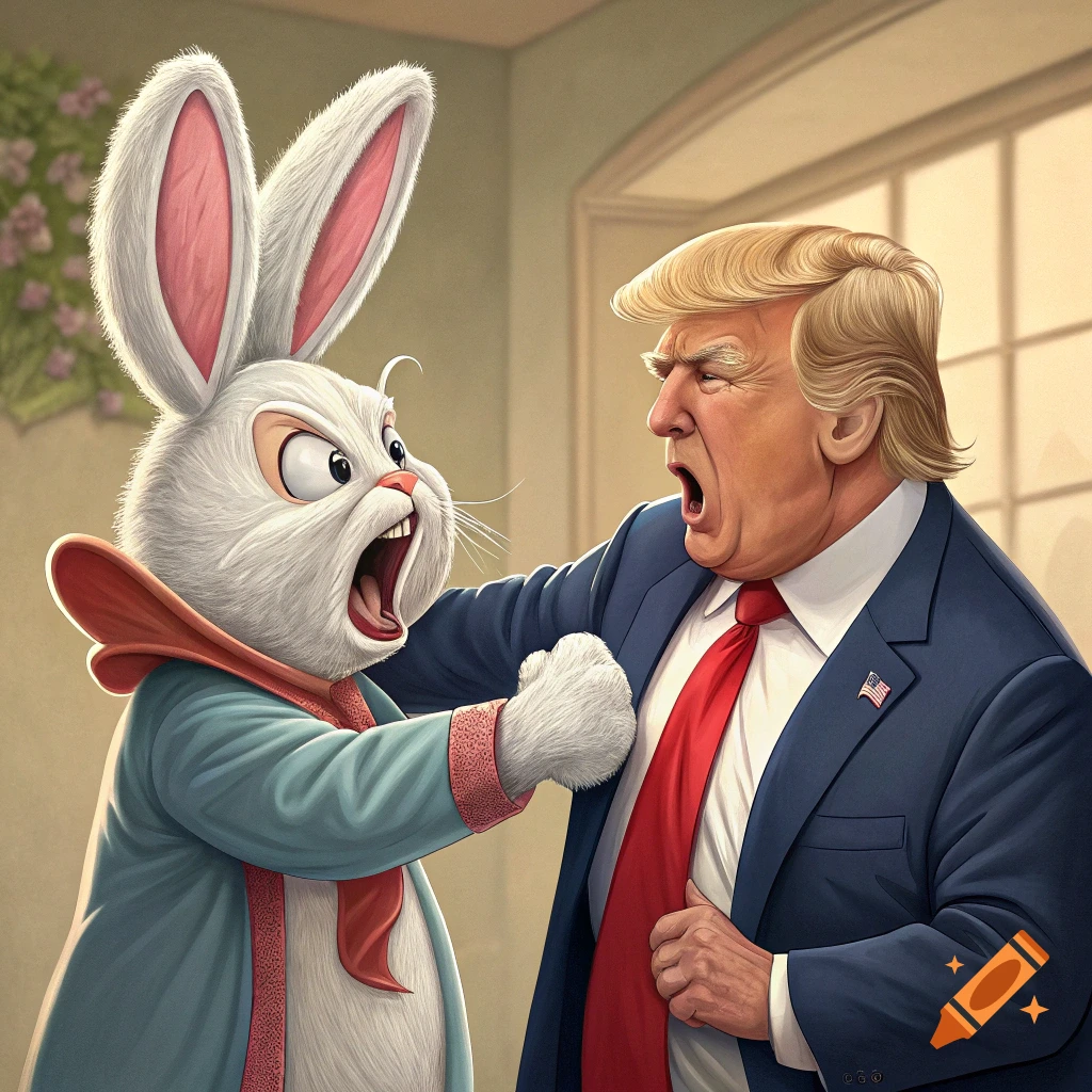 Cartoon Easter bunny punches Donald Trump caricature in the face indoors.