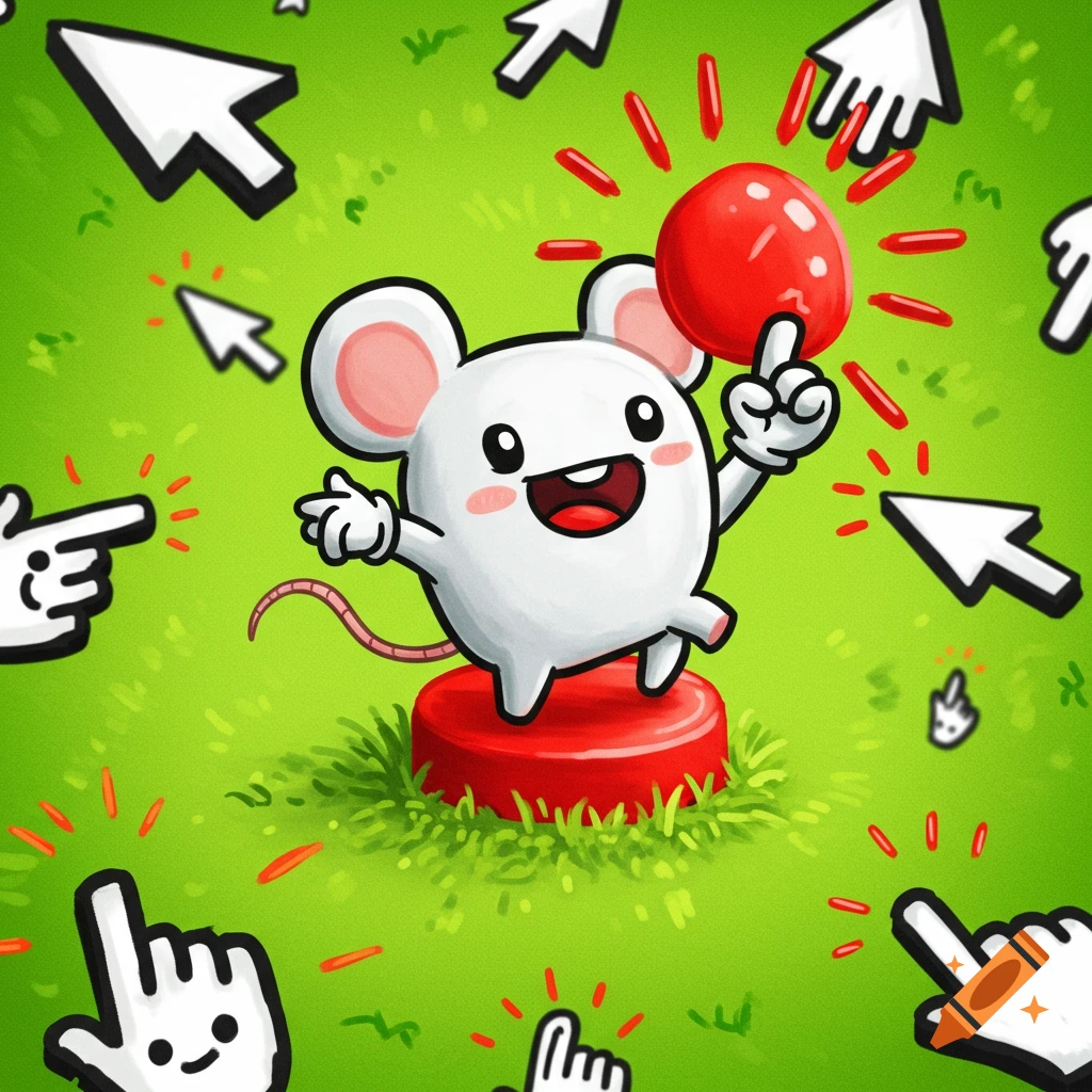 Cartoon mouse mascot holding a red ball on a button, surrounded by computer cursors on a green background.