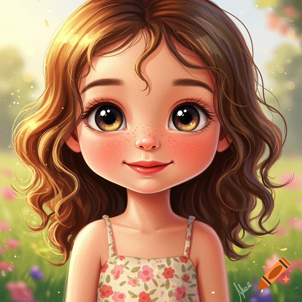 A cute girl with big eyes, freckles, and a floral dress in a sunny meadow with flowers.