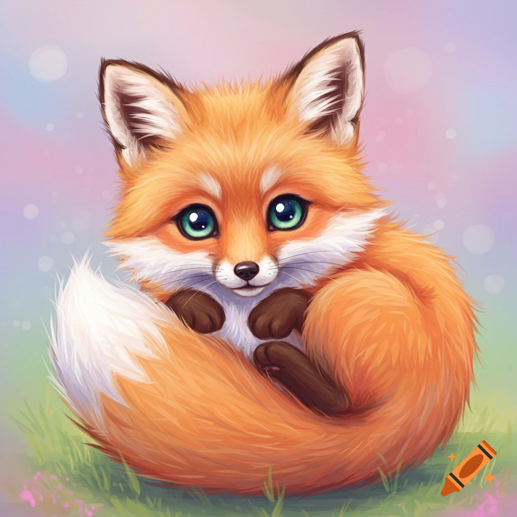 A cute cartoon fox with big eyes sits curled up in the grass.