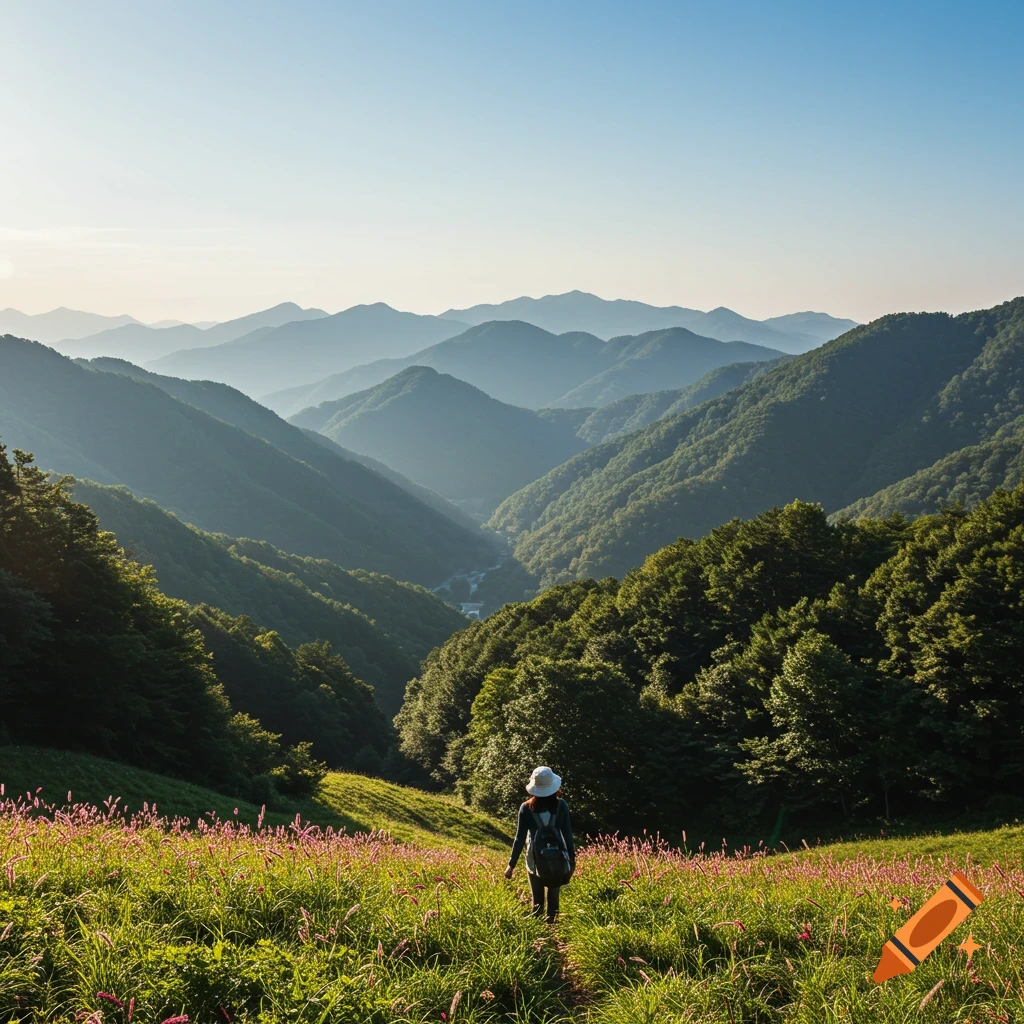 Person hikes down a flowery slope overlooking a green mountain valley at sunset
