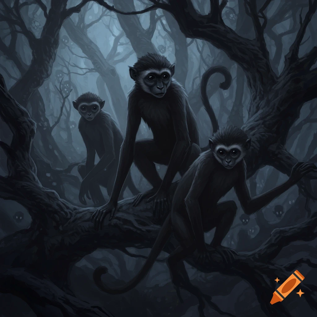 Three shadow monkeys perch on a branch in a dark, spooky forest.