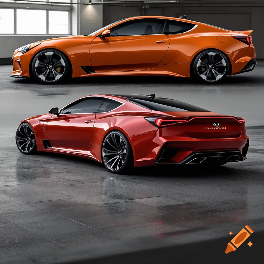 Two modern coupe cars, one orange seen from the side and one red seen from the rear.