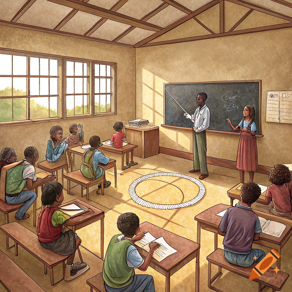 Illustration of a classroom with a teacher and students learning.