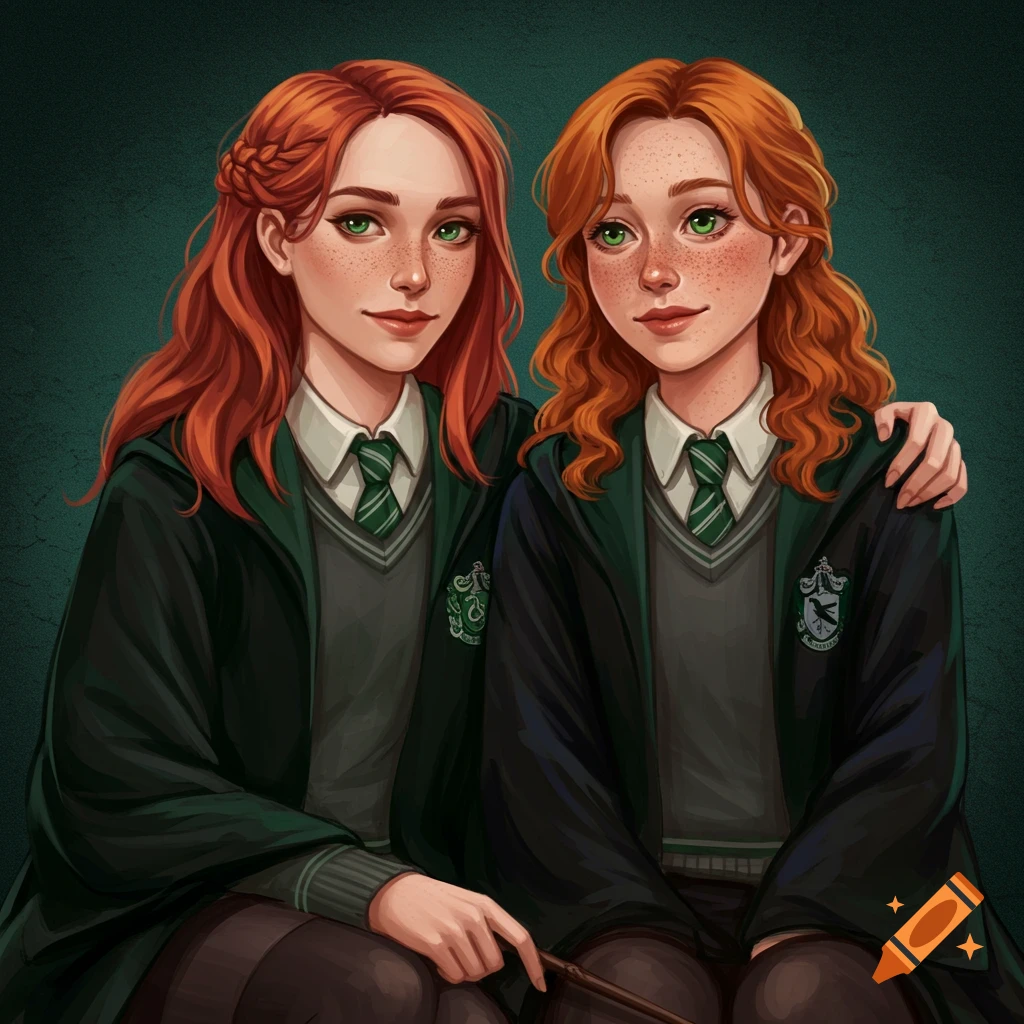 Two young women with red hair and green eyes, wearing green and grey school uniforms.