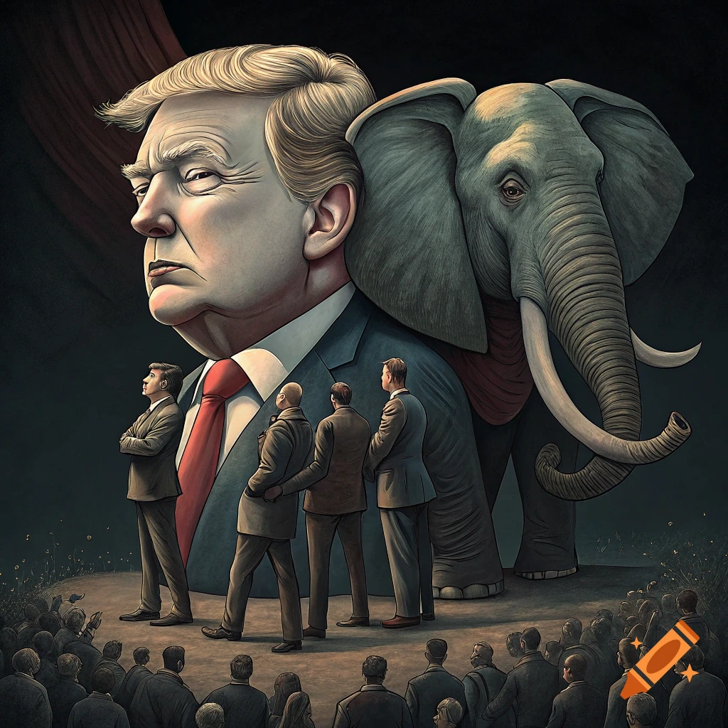 Political cartoon illustration of a large Donald Trump figure and elephant with smaller figures looking up.