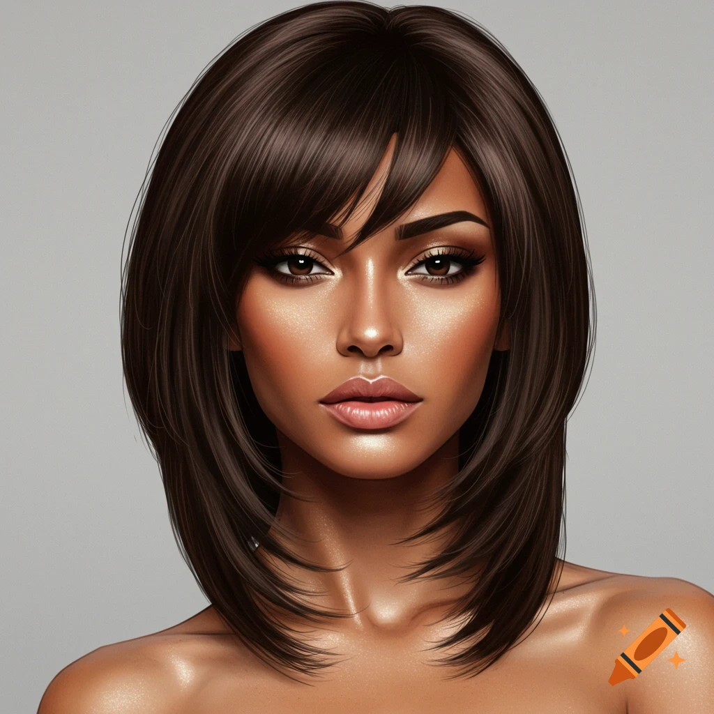 Portrait of a woman with a brown bob haircut and bangs.
