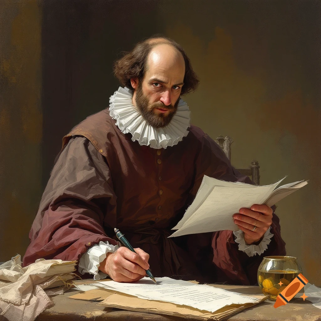 Painting of a man resembling Shakespeare in period clothing writing at a desk with papers