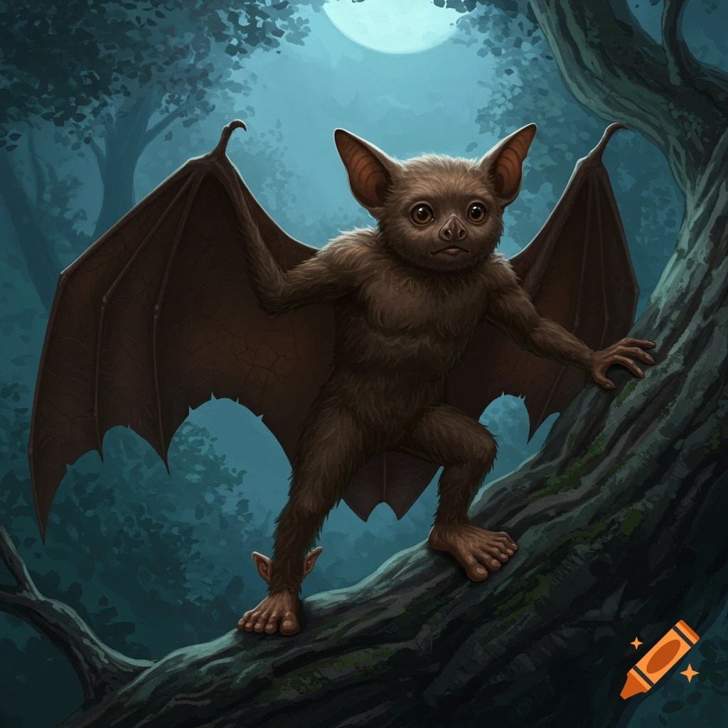 A large bat creature with hobbit-like feet is climbing a tree branch at night under moonlight.