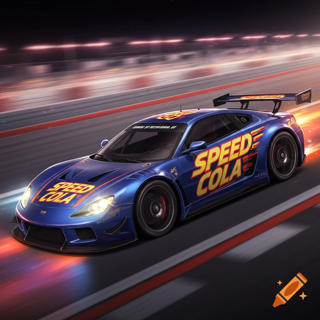 A blue race car sponsored by Speed Cola speeds down a track at night with motion blur.