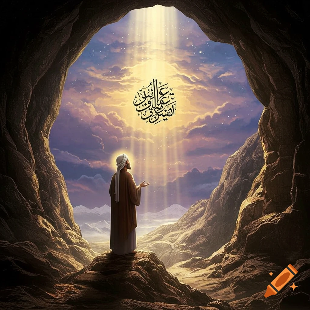 Figure in a cave looking up at bright light and Arabic calligraphy in the sky.