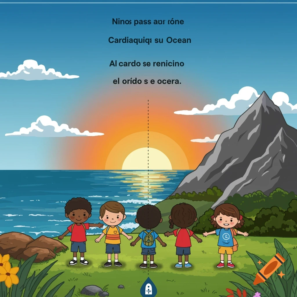 Illustrated group of children looking at a sunset over the ocean with a mountain