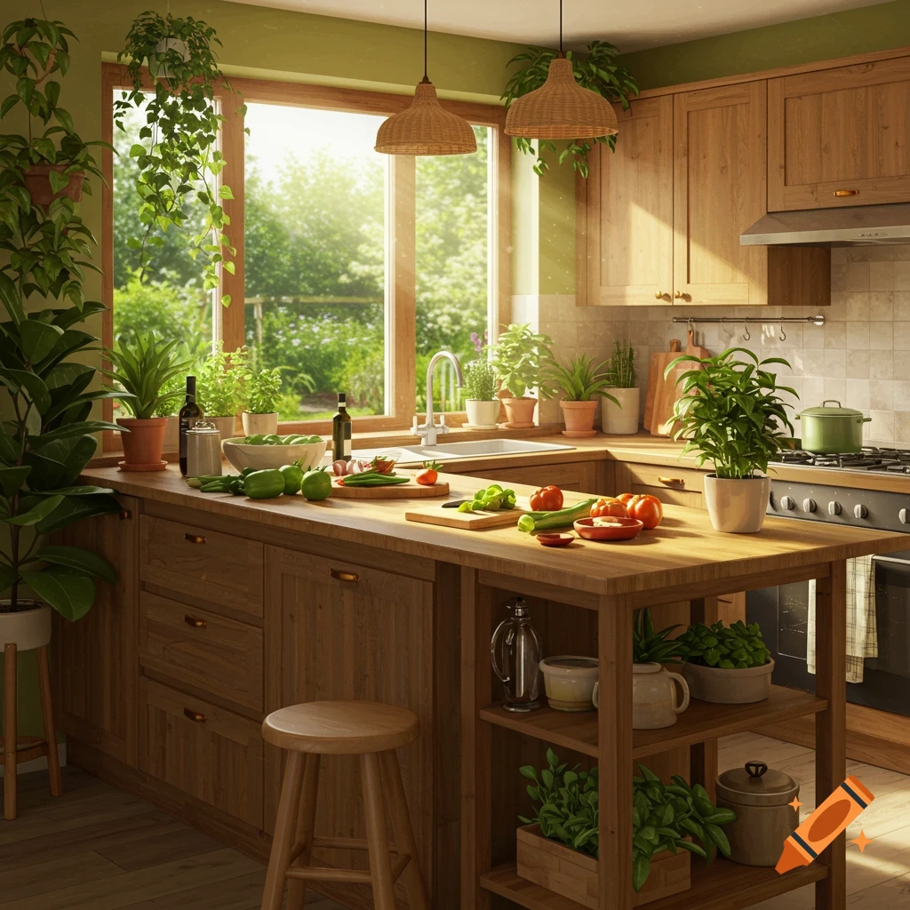 A sunny kitchen counter filled with plants and vegetables.