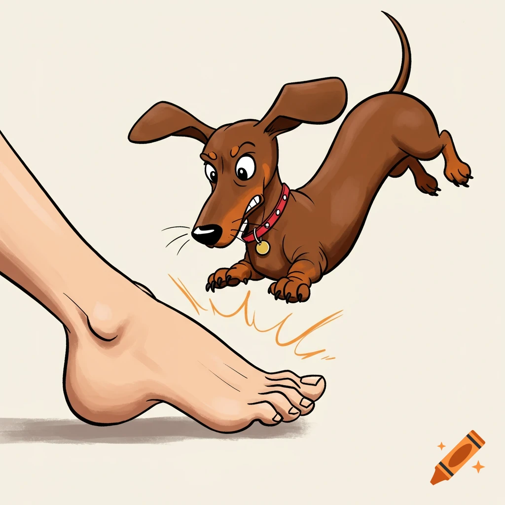 Cartoon dachshund dog leaps to attack a human foot.