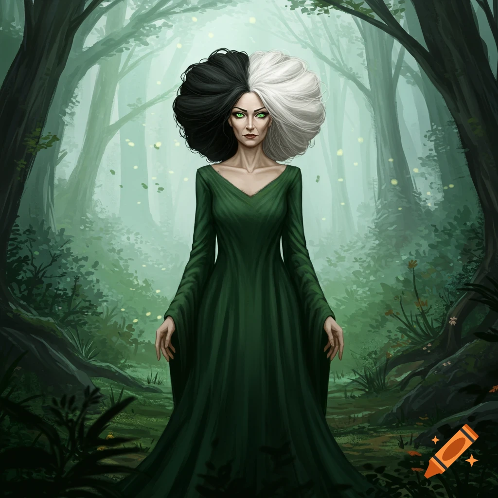 A woman with split black and white hair and a green dress stands in a forest.