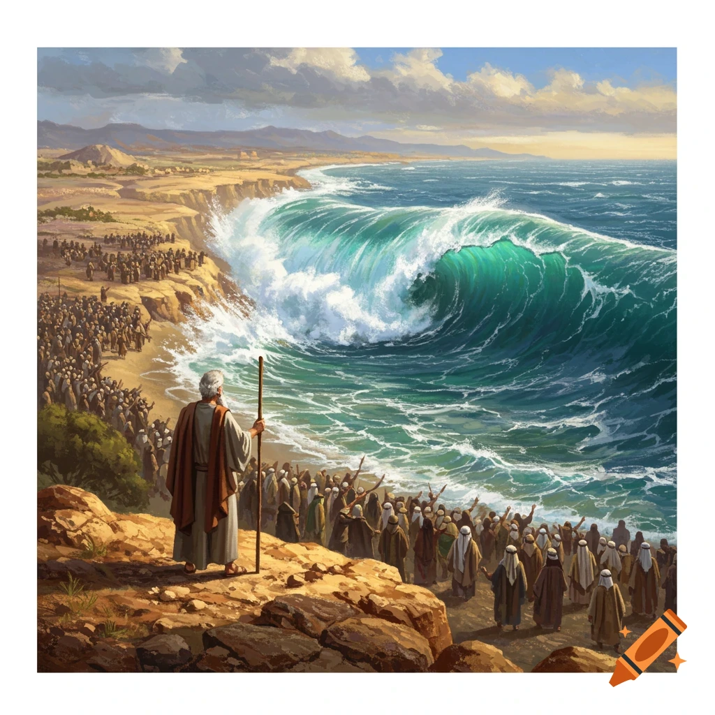 Moses parting a huge sea wave as Israelites watch from the shore.