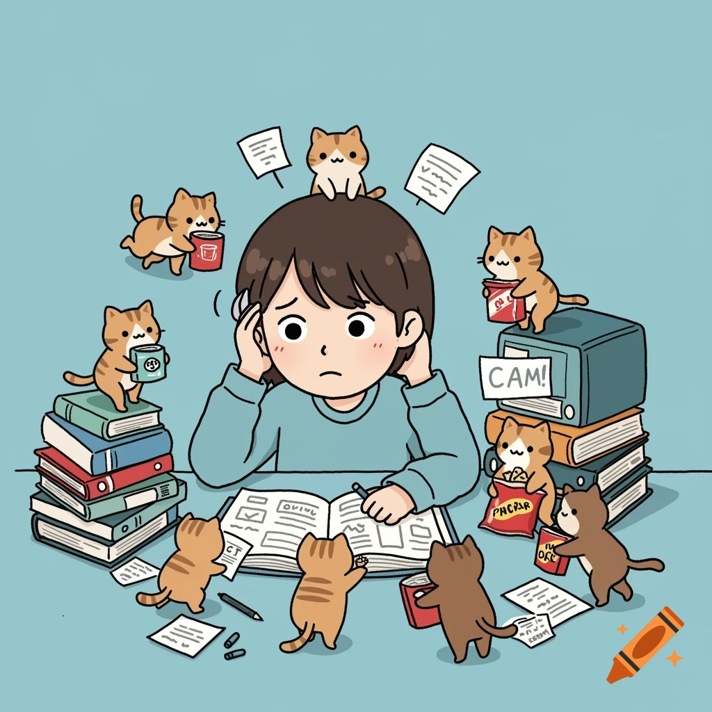 Cartoon illustration of a person looking stressed while studying at a desk, surrounded by helpful and playful cats.