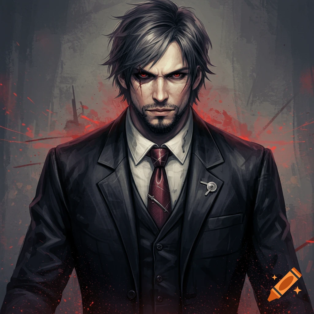 A man in a suit with red eyes and facial scars.