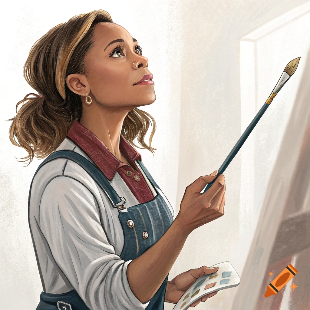 An illustration of a woman painting, holding a brush and color palette.