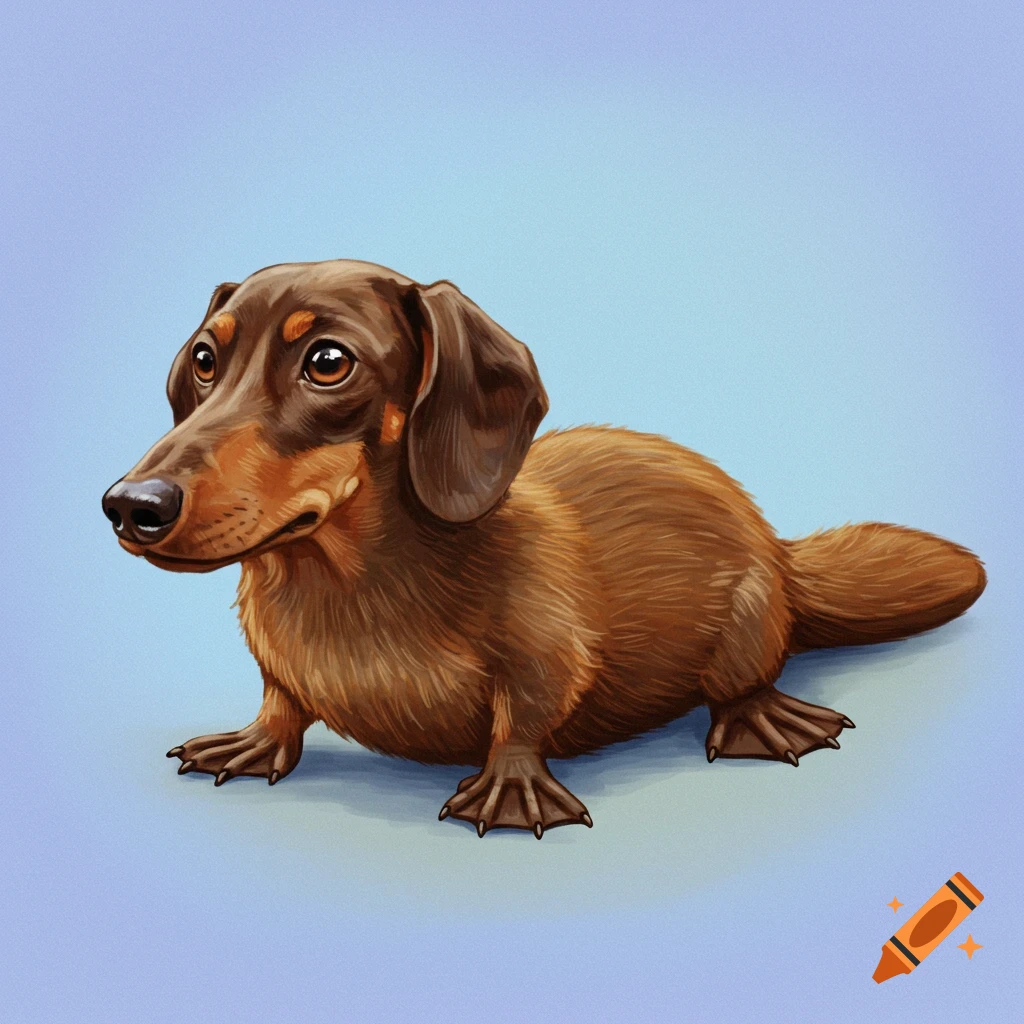 A brown dachshund with webbed feet and a furry tail.