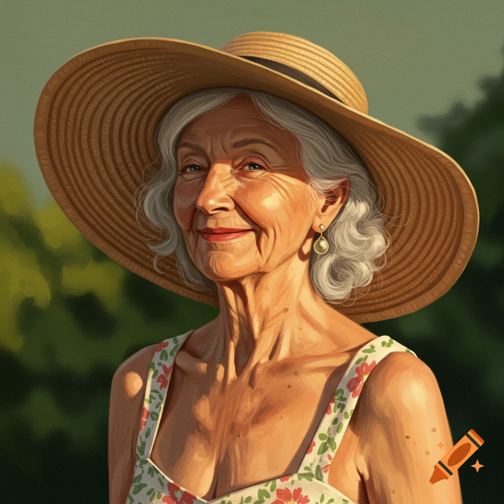 Portrait of an elderly woman in a sun hat and floral dress.