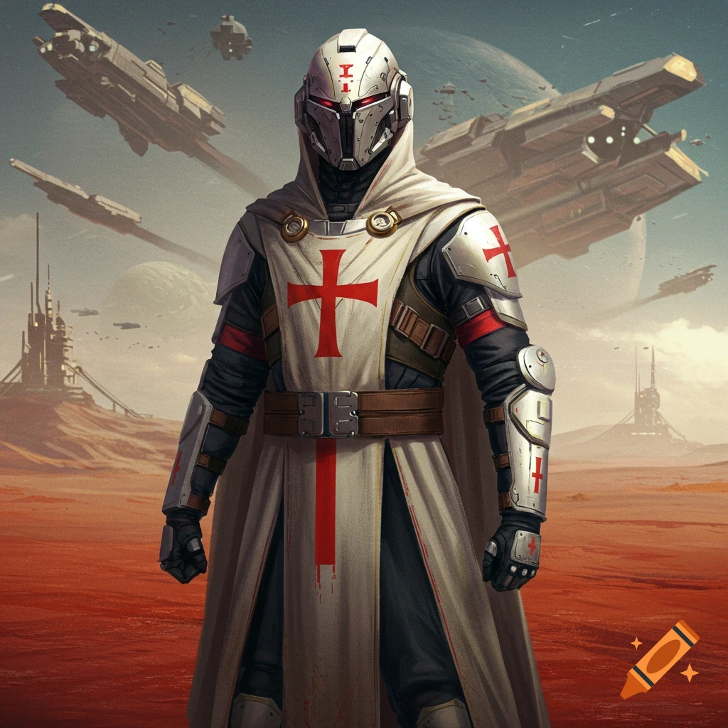 A sci-fi crusader in white and red armor stands on a red planet with spaceships in the sky.