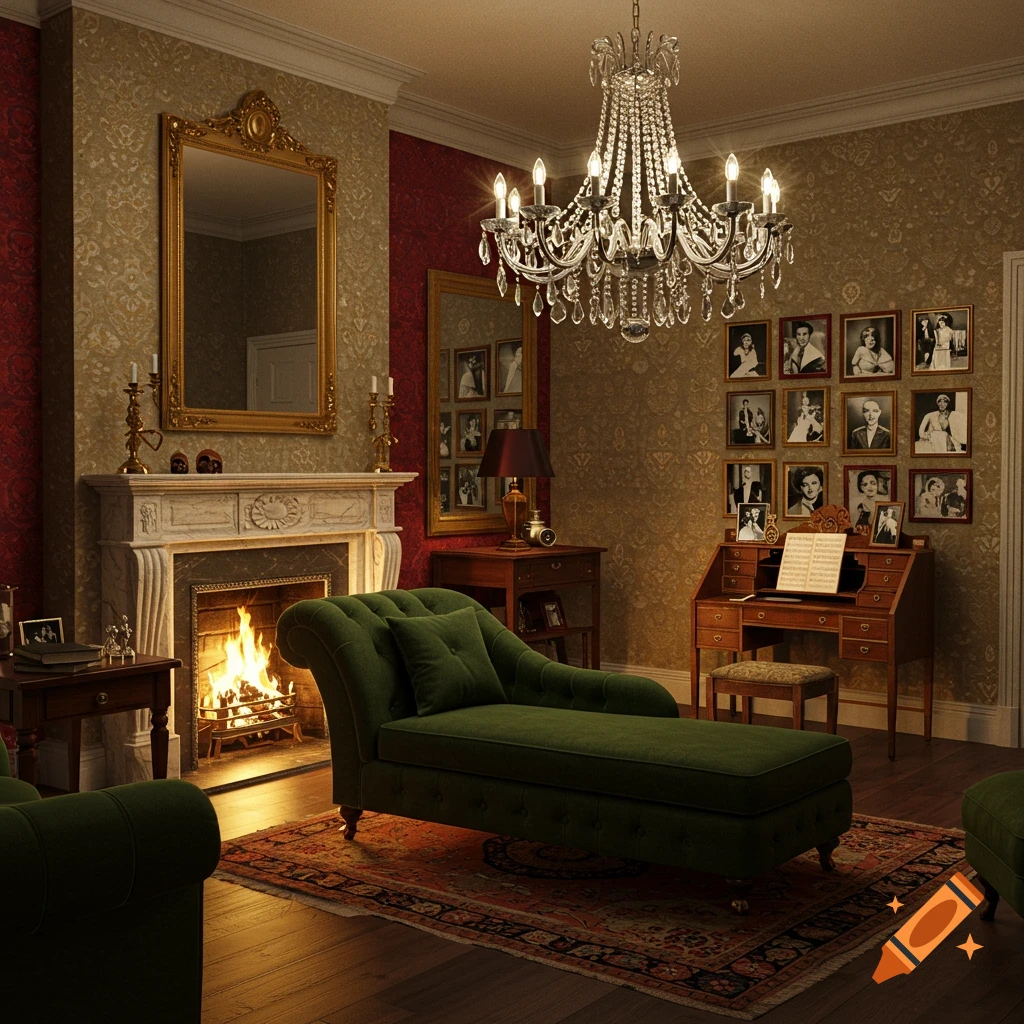 Opulent interior with fireplace, chaise lounge, desk, chandelier, and framed photos.