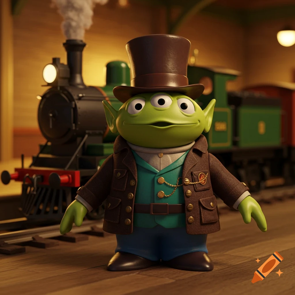 A Toy Story alien in a Victorian engineer outfit stands in a train station with a steam train behind it.