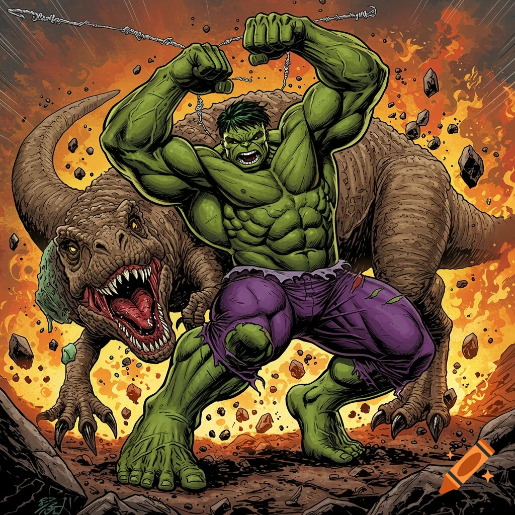 Comic art of Hulk fighting a Tyrannosaurus Rex amidst fire and debris.