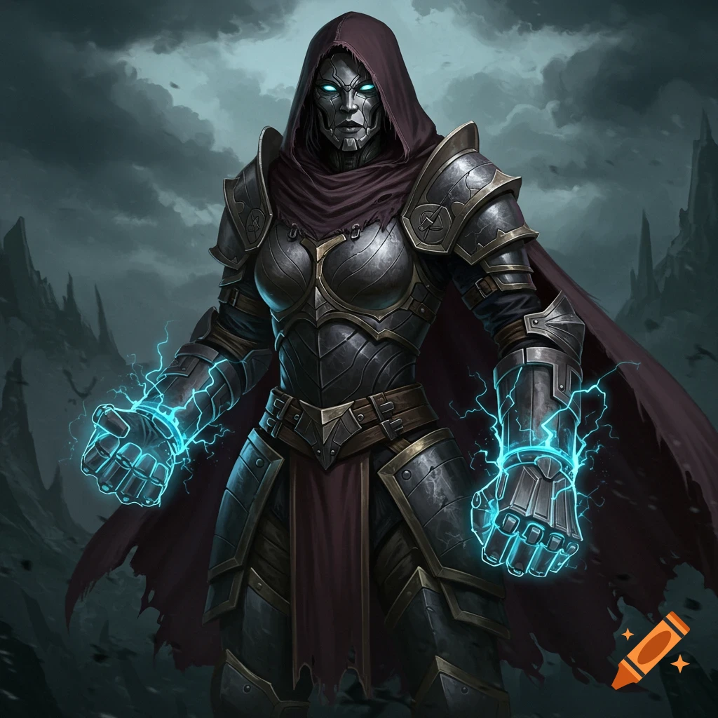 A hooded figure in dark armor with glowing blue energy around their hands stands under a stormy sky in a fantasy landscape.