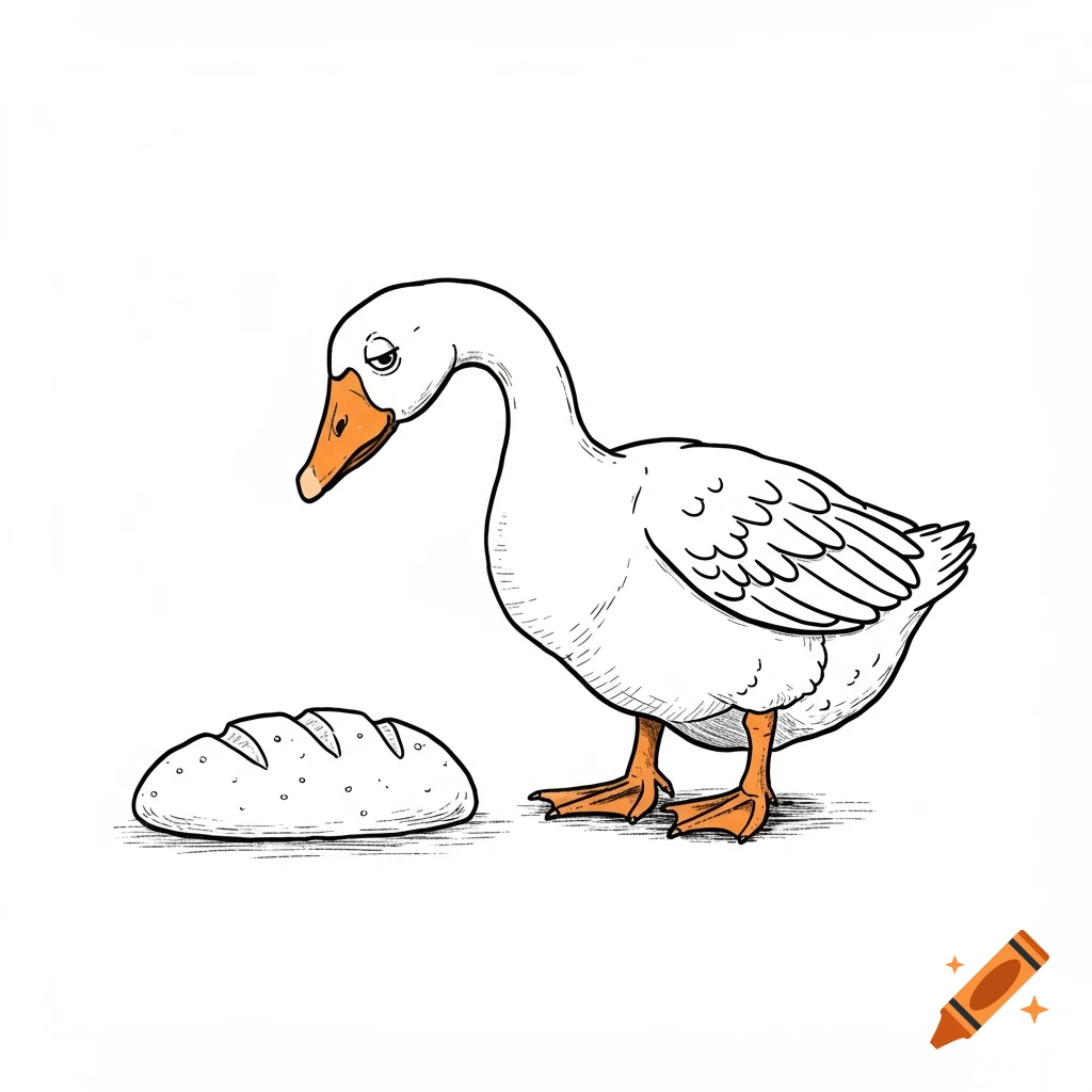 A cartoon white goose looks down at a loaf of bread.