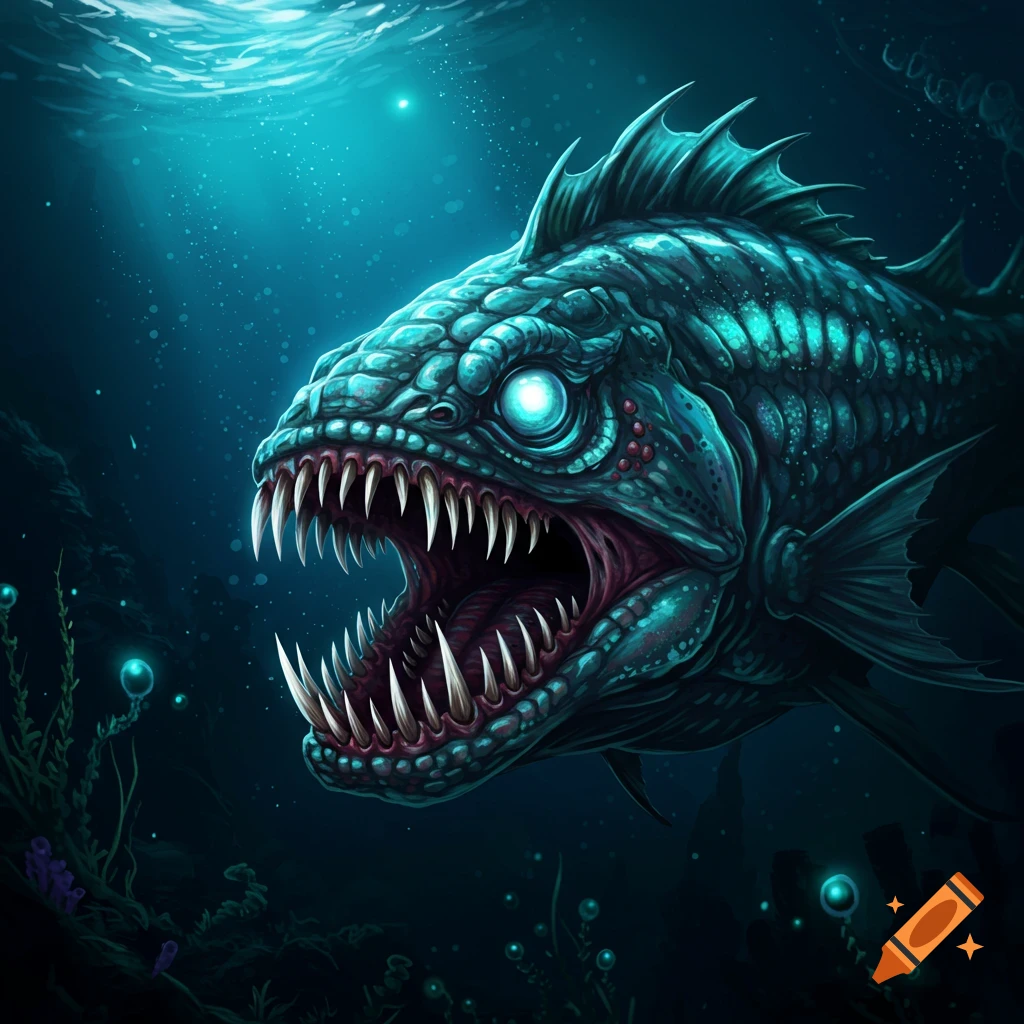 A scary fish monster with sharp teeth glows underwater.