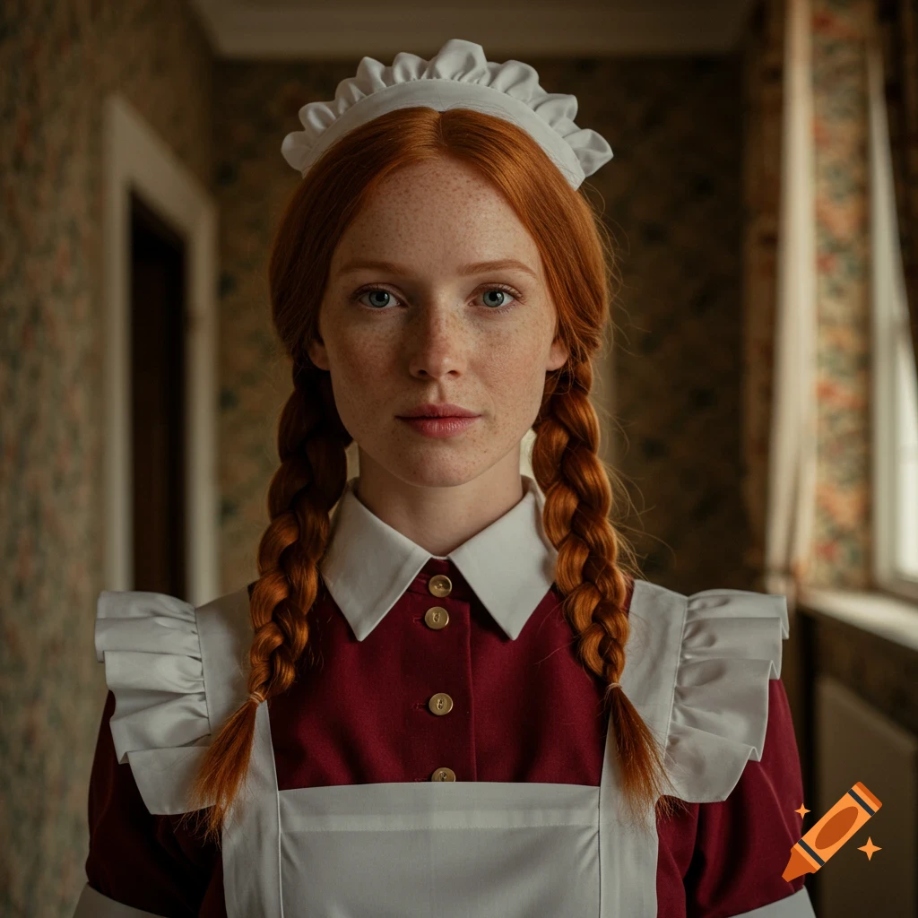Photorealistic portrait of a woman with red hair and freckles in a maid uniform looking at the camera.