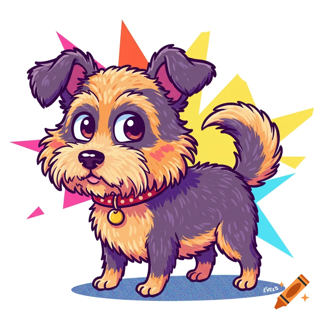A cute cartoon illustration of a brown and grey dog with big eyes standing in front of colorful stars.