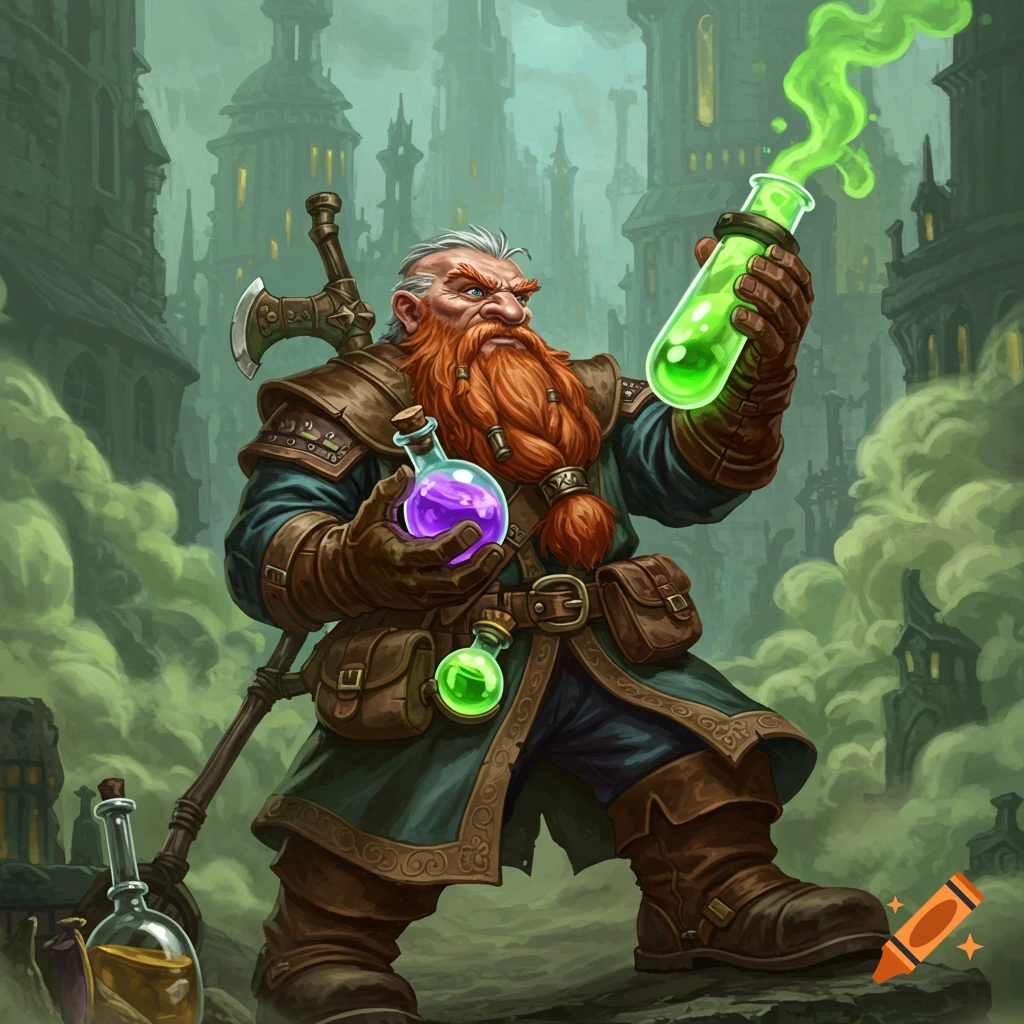 A fantasy dwarf alchemist holds glowing potions in a smog-choked city.