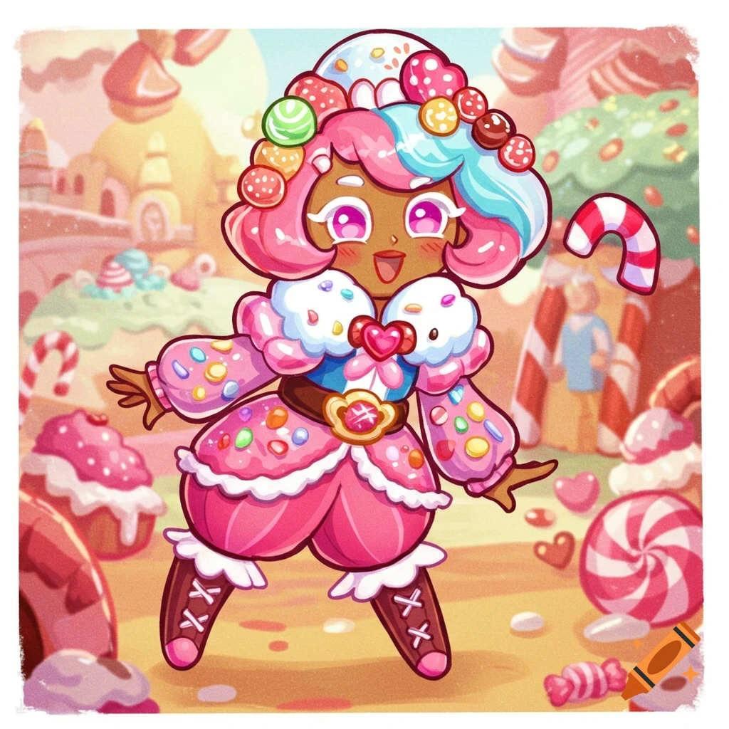 Stylized anime character in a pink candy outfit standing in a sweet-filled landscape.