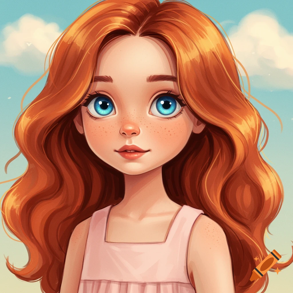 A young girl with red hair and blue eyes.