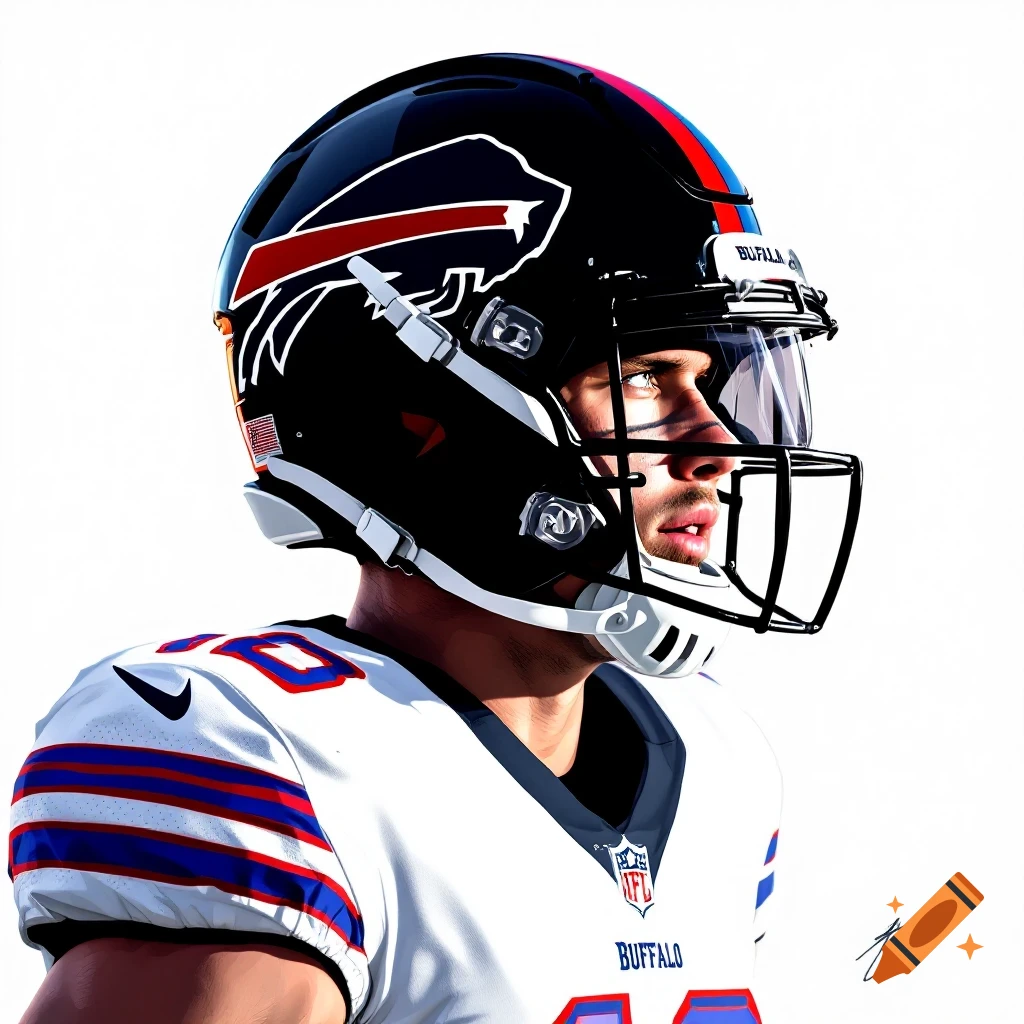 A Buffalo Bills football player in black helmet and white jersey.