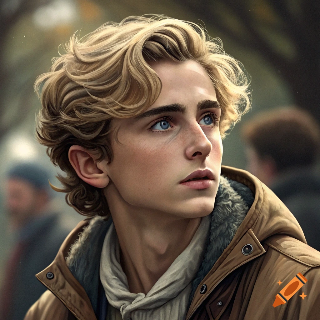 Realistic portrait of a young man with blonde hair and blue eyes looking upwards.