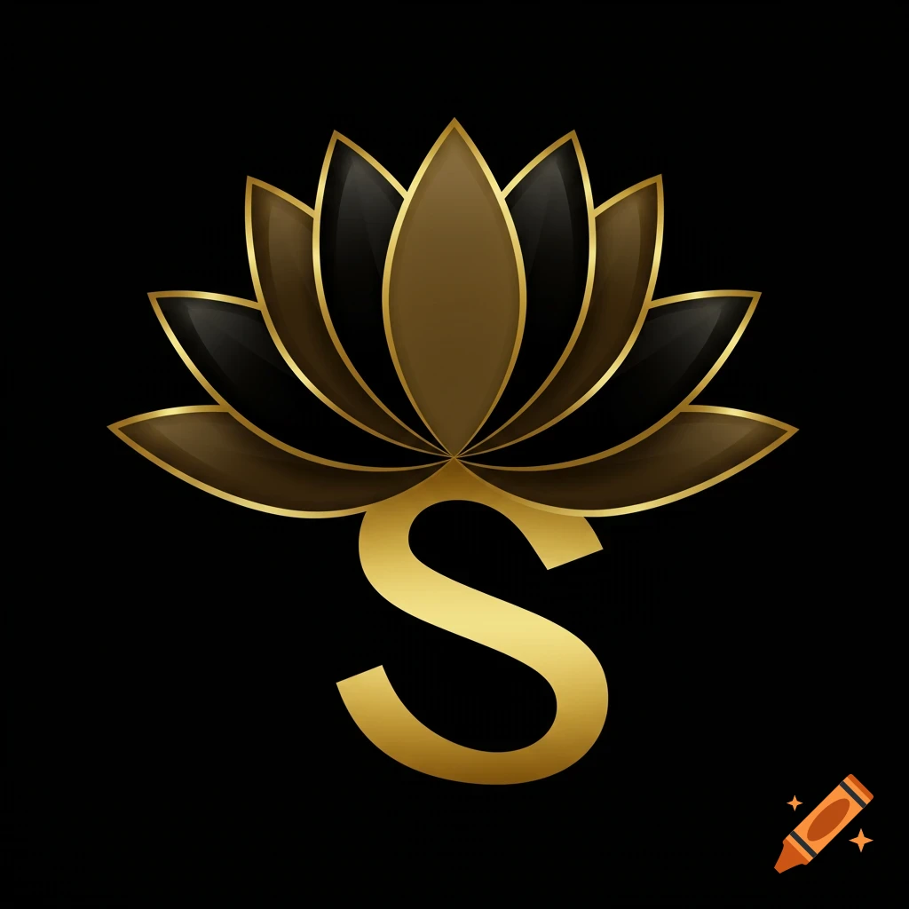 A golden and black lotus flower logo with a golden letter S beneath it.