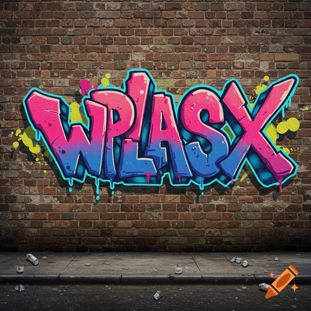 Graffiti art saying WPLAYSX in vibrant pink and blue on a brick wall.
