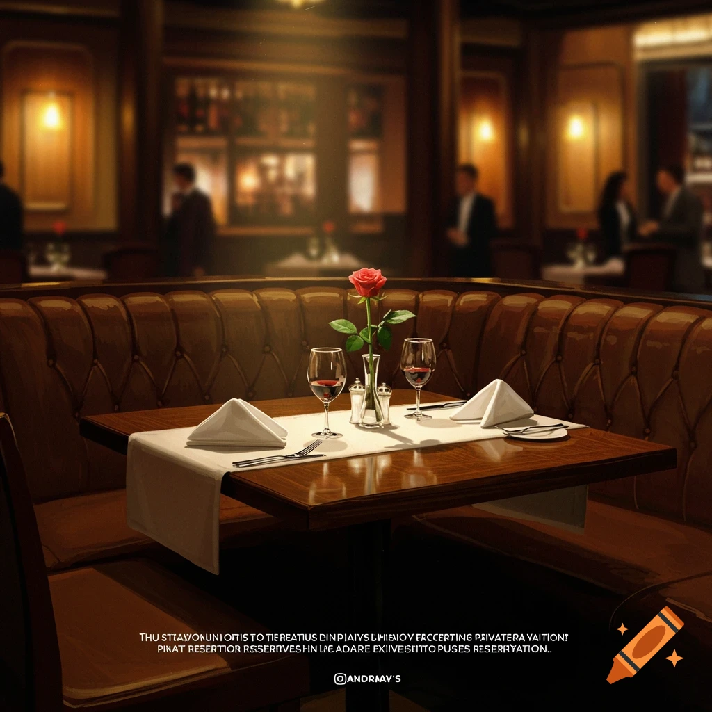 A table is set for two with a red rose and wine glasses in a dimly lit restaurant.