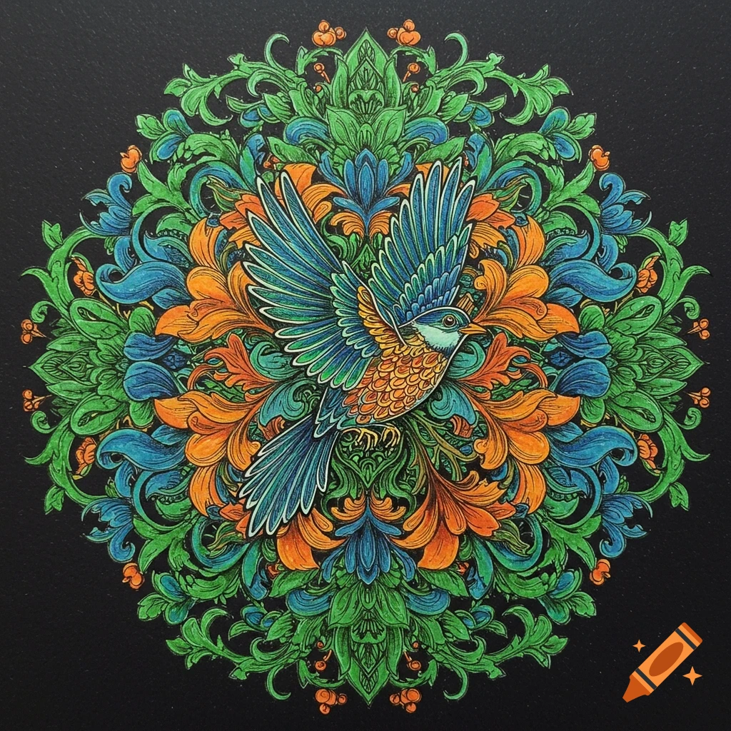 Detailed mandala drawing of a bird surrounded by green and orange foliage.