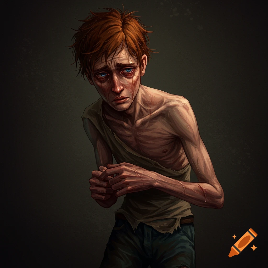 A gaunt, sad young man with red hair and blue eyes.