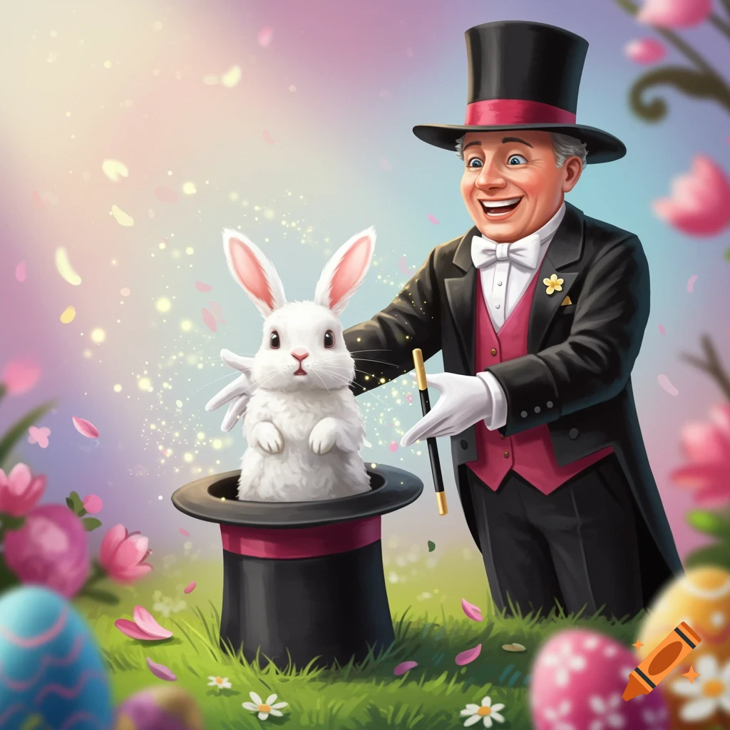 An illustration of a magician pulling a white rabbit from a top hat, surrounded by Easter eggs and flowers.